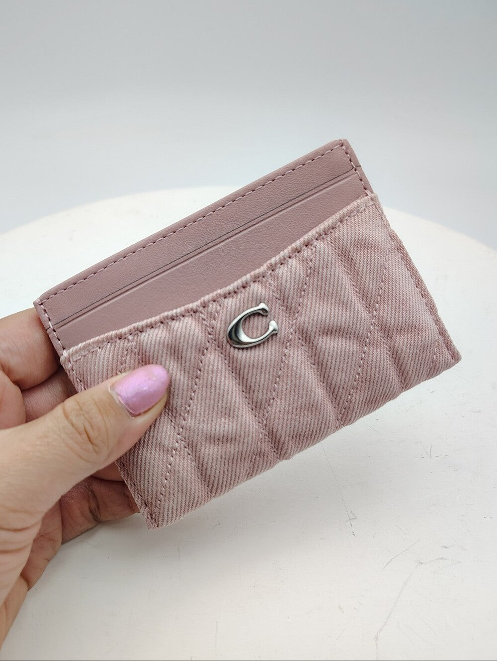 Coach Quilted Pink Denim Card Case with Silver Accent