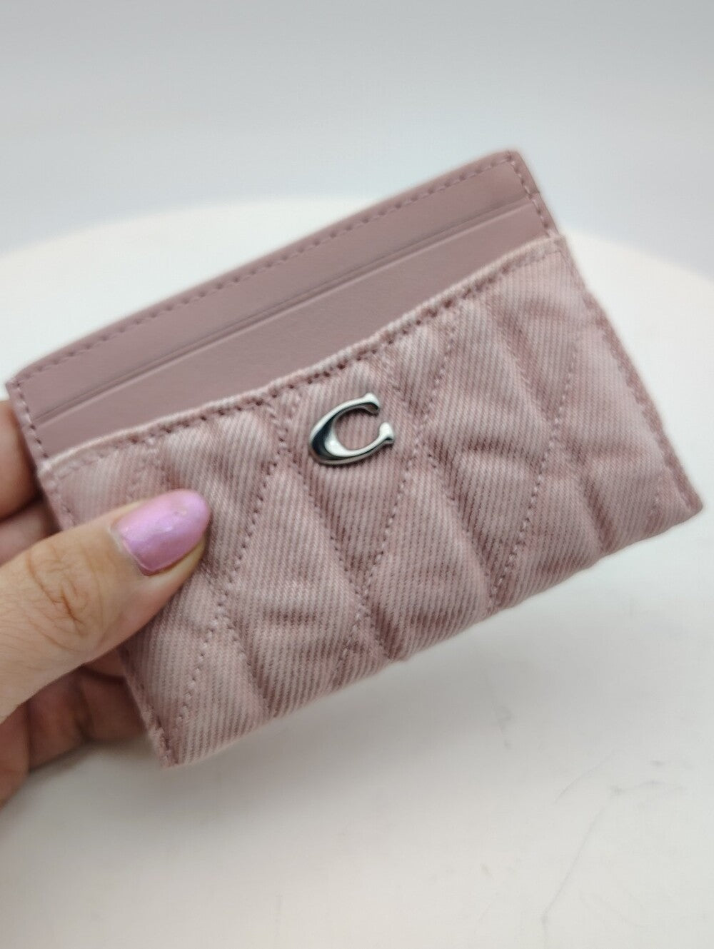 Coach Quilted Pink Denim Card Case with Silver Accent