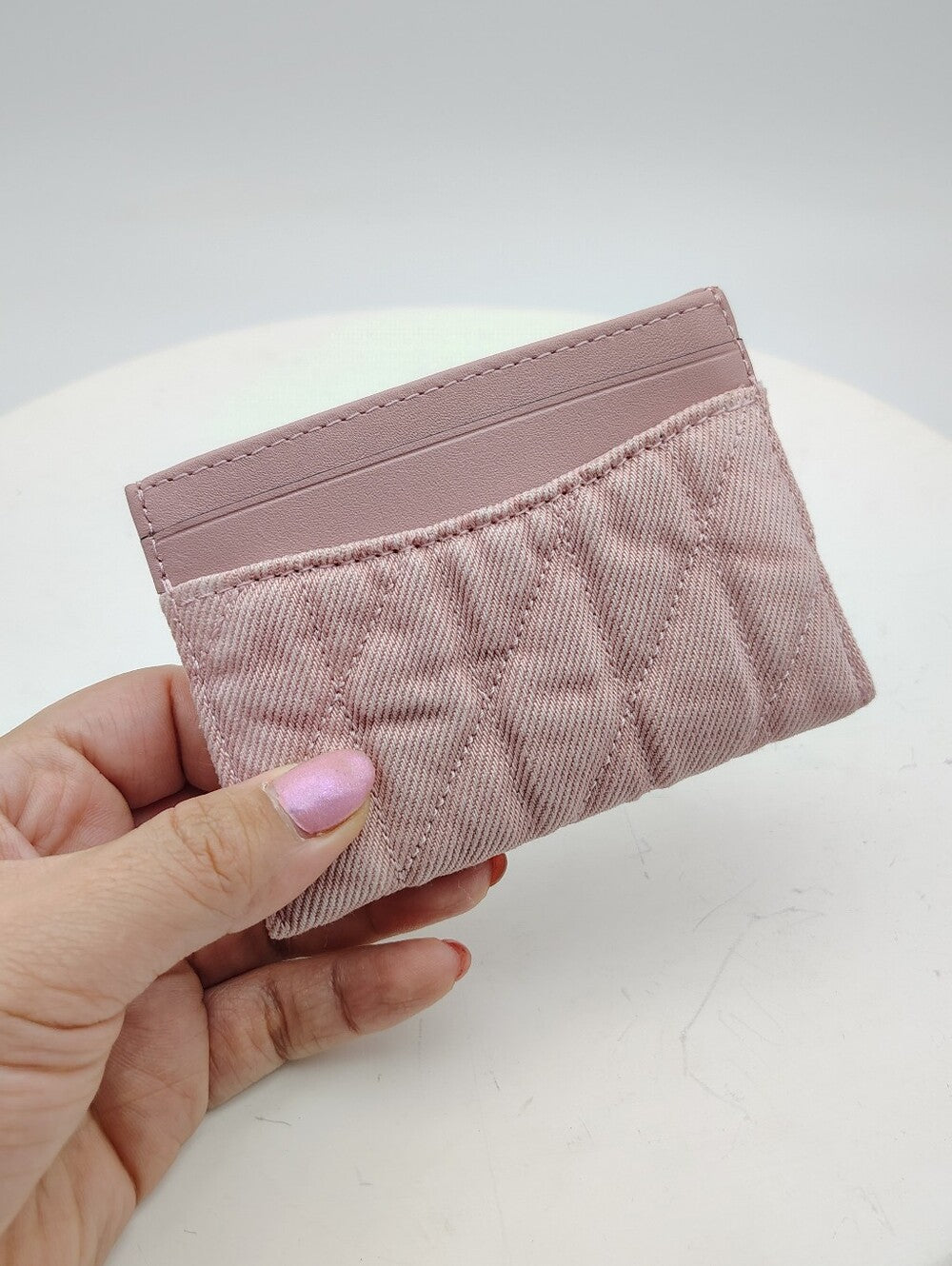 Coach Quilted Pink Denim Card Case with Silver Accent