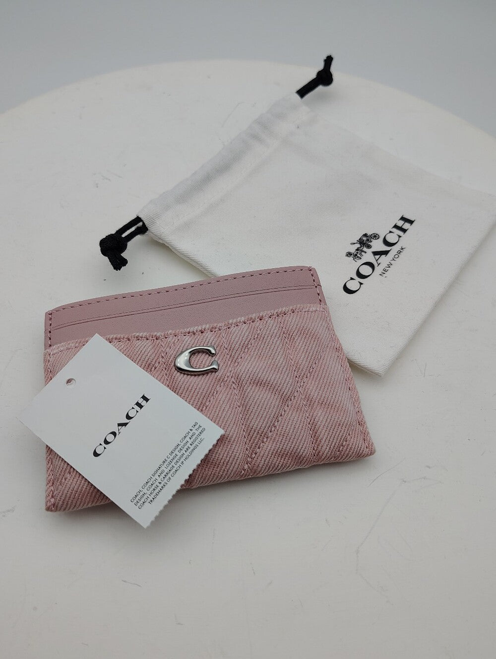 Coach Quilted Pink Denim Card Case with Silver Accent