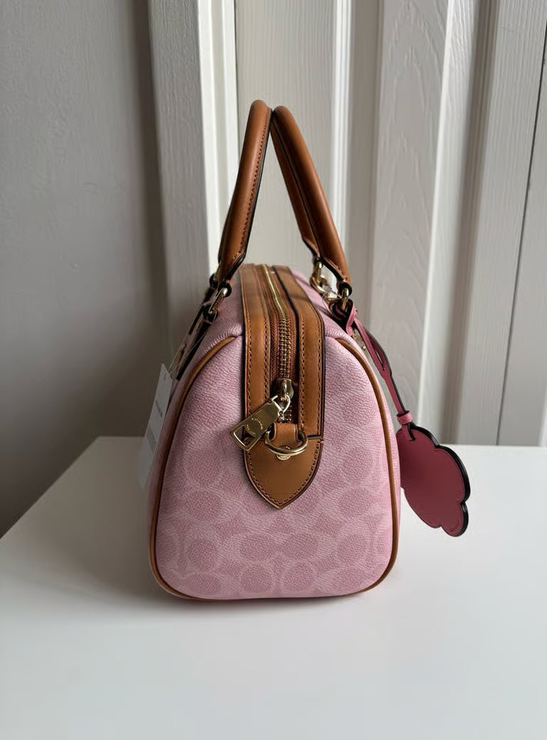Coach Medium Rowan Satchel Bag in Signature Canvas with Charms — Powder Pink
