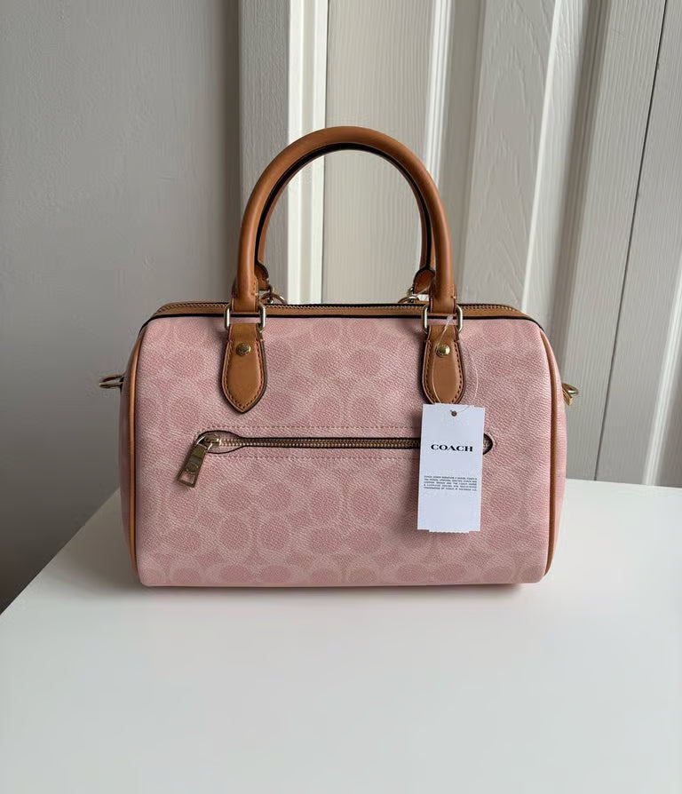 Coach Medium Rowan Satchel Bag in Signature Canvas with Charms — Powder Pink