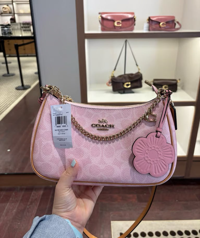 Coach Teri Shoulder Bag in Signature Canvas with Charms — Powder Pink