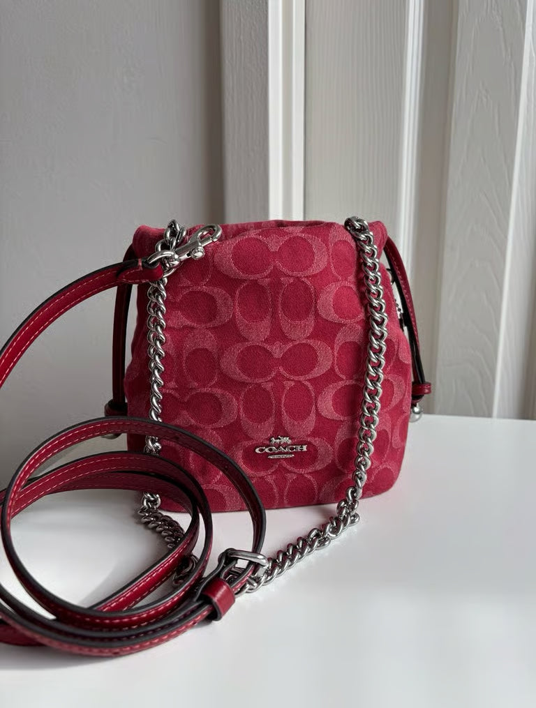 Coach Faye Mini Drawstring Bag in Signature Denim — Silver/True Red