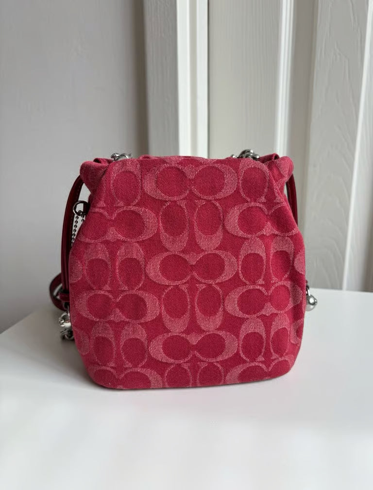 Coach Faye Mini Drawstring Bag in Signature Denim — Silver/True Red