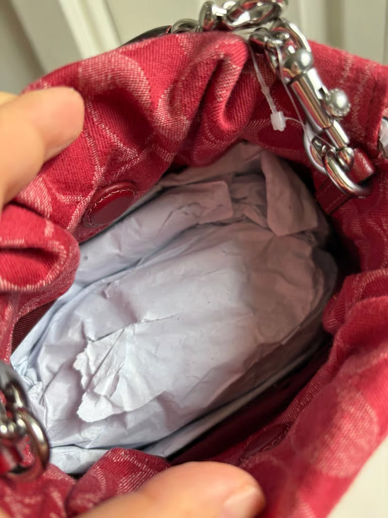 Coach Faye Mini Drawstring Bag in Signature Denim — Silver/True Red