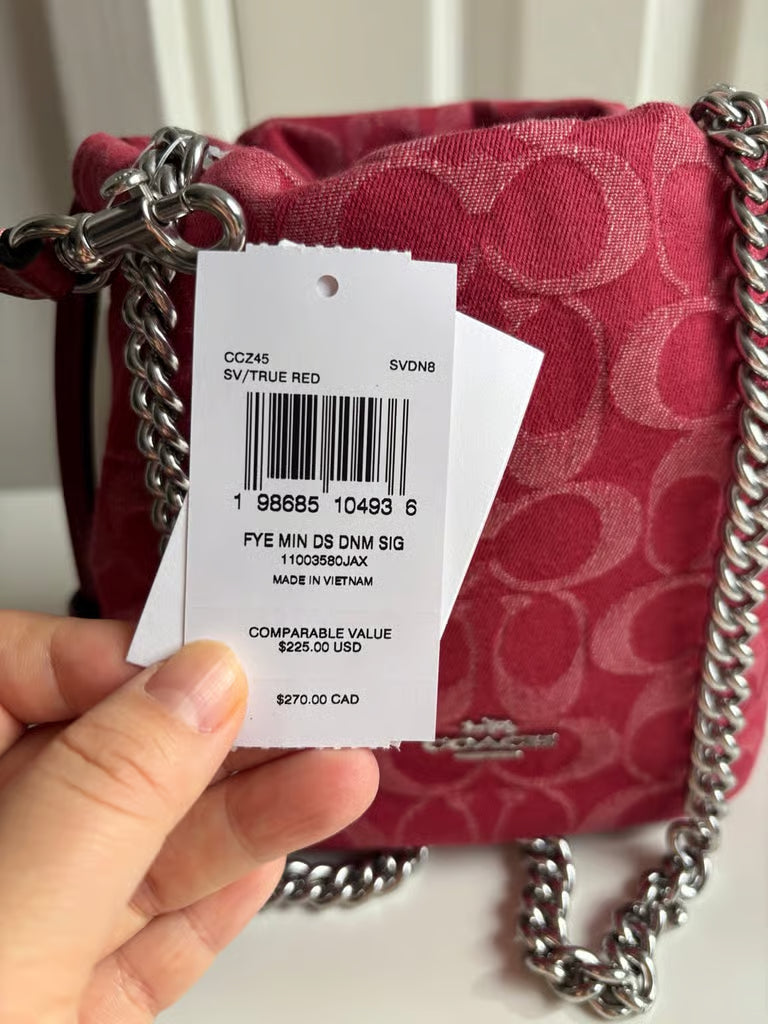 Coach Faye Mini Drawstring Bag in Signature Denim — Silver/True Red