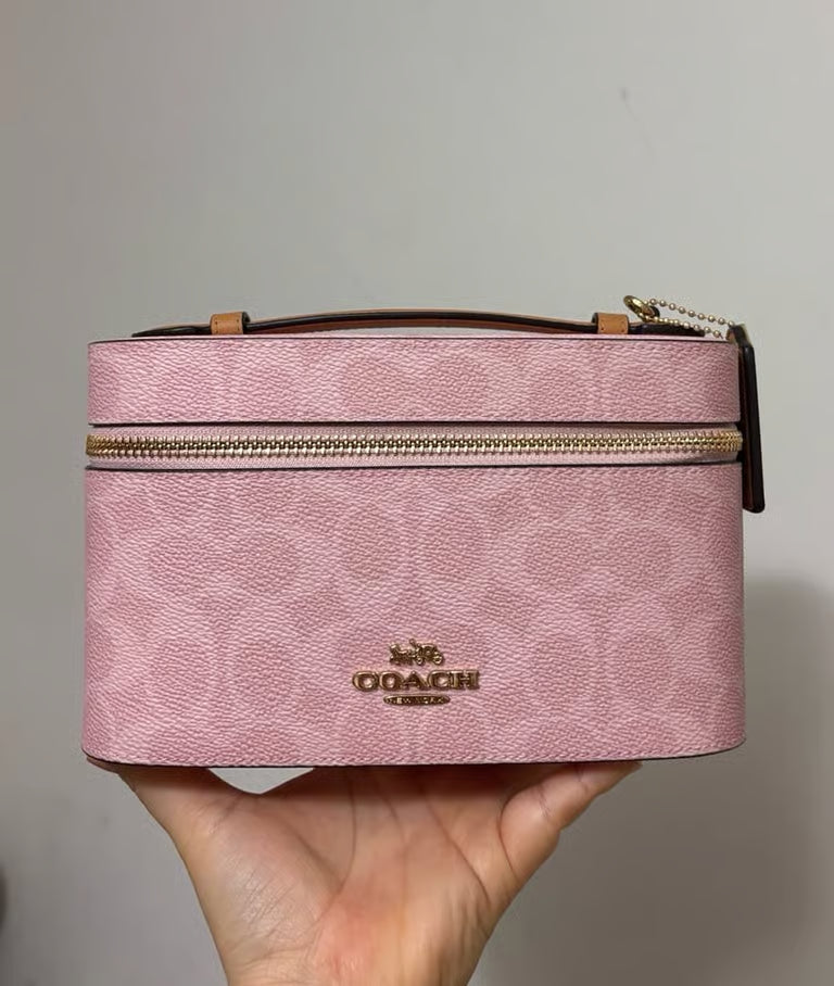 Coach Cosmetic Case in Signature Canvas Gold/Powder Pink