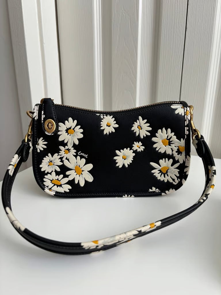 Coach Swinger 20 Bag with Floral Print in Glovetanned Leather Brass/Black Multi