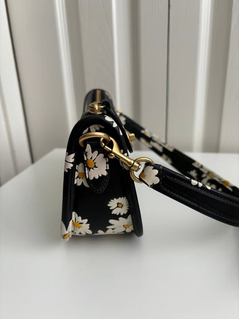 Coach Swinger 20 Bag with Floral Print in Glovetanned Leather Brass/Black Multi