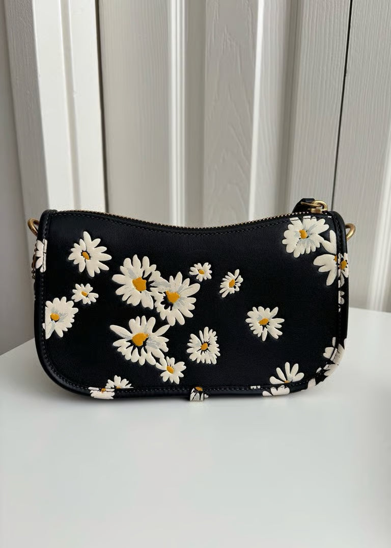 Coach Swinger 20 Bag with Floral Print in Glovetanned Leather Brass/Black Multi