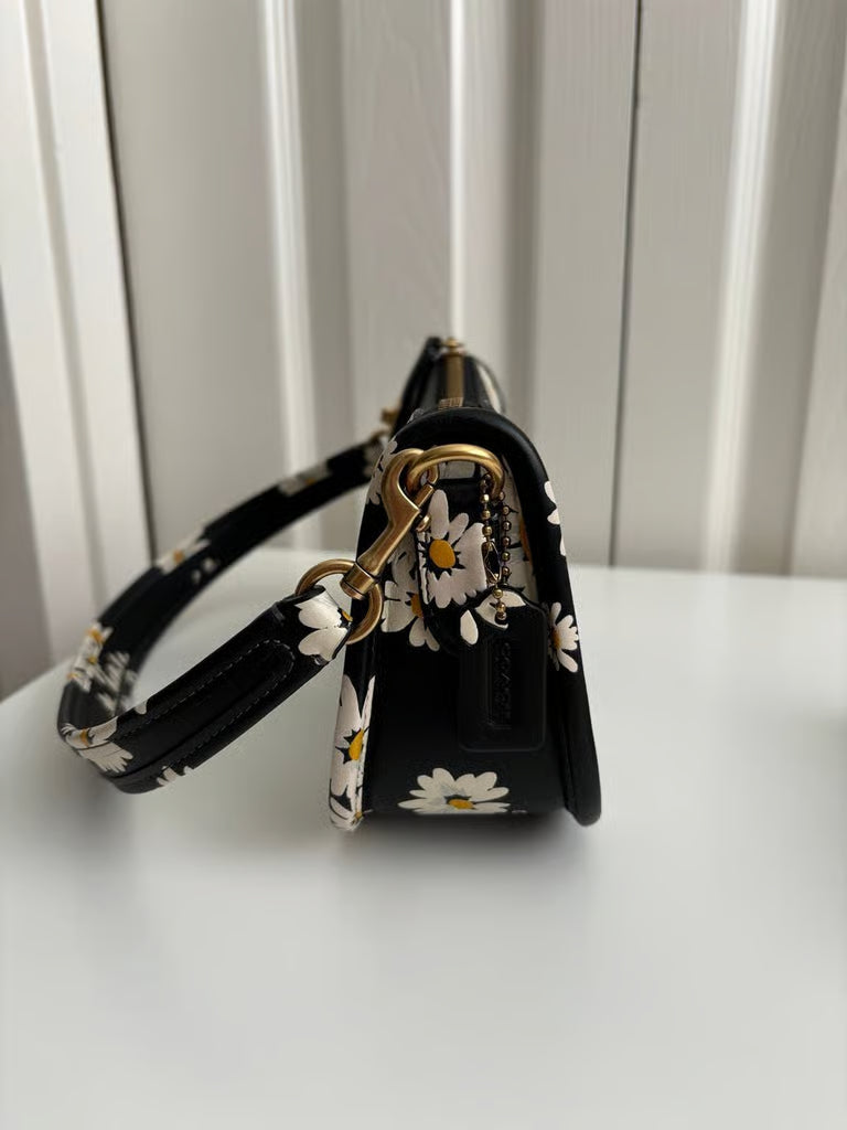 Coach Swinger 20 Bag with Floral Print in Glovetanned Leather Brass/Black Multi