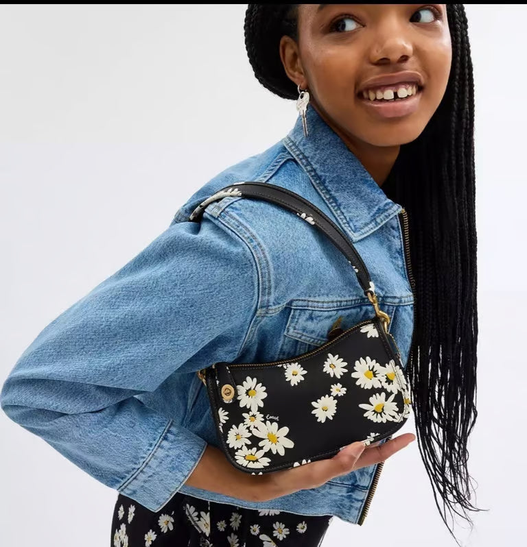 Coach Swinger 20 Bag with Floral Print in Glovetanned Leather Brass/Black Multi