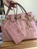 Coach Evelyn Shoulder Bag in Loved Denim with Quilting — Pink (Bundle with Wristlet)