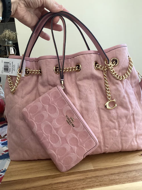 Evelyn Shoulder Bag in Loved Denim with Quilting — Pink (Bundle with Wristlet)
