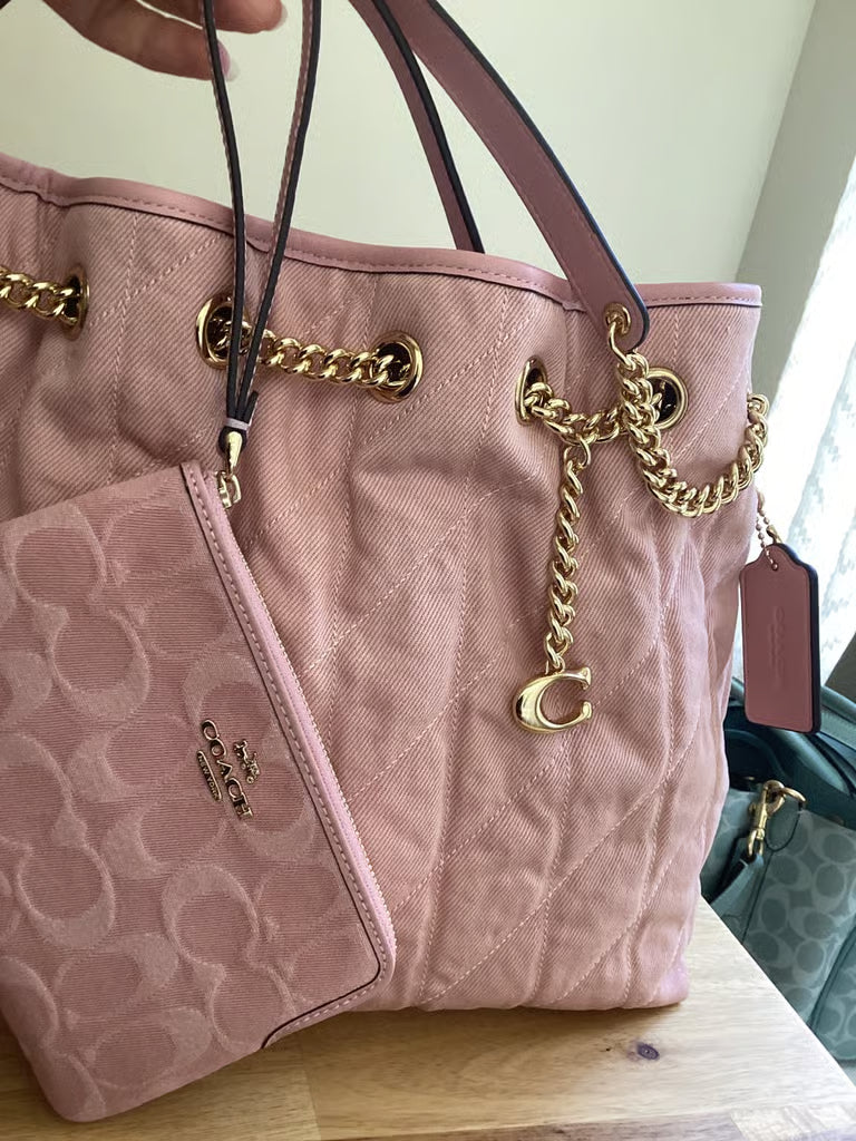 Coach Evelyn Shoulder Bag in Loved Denim with Quilting — Pink (Bundle with Wristlet)