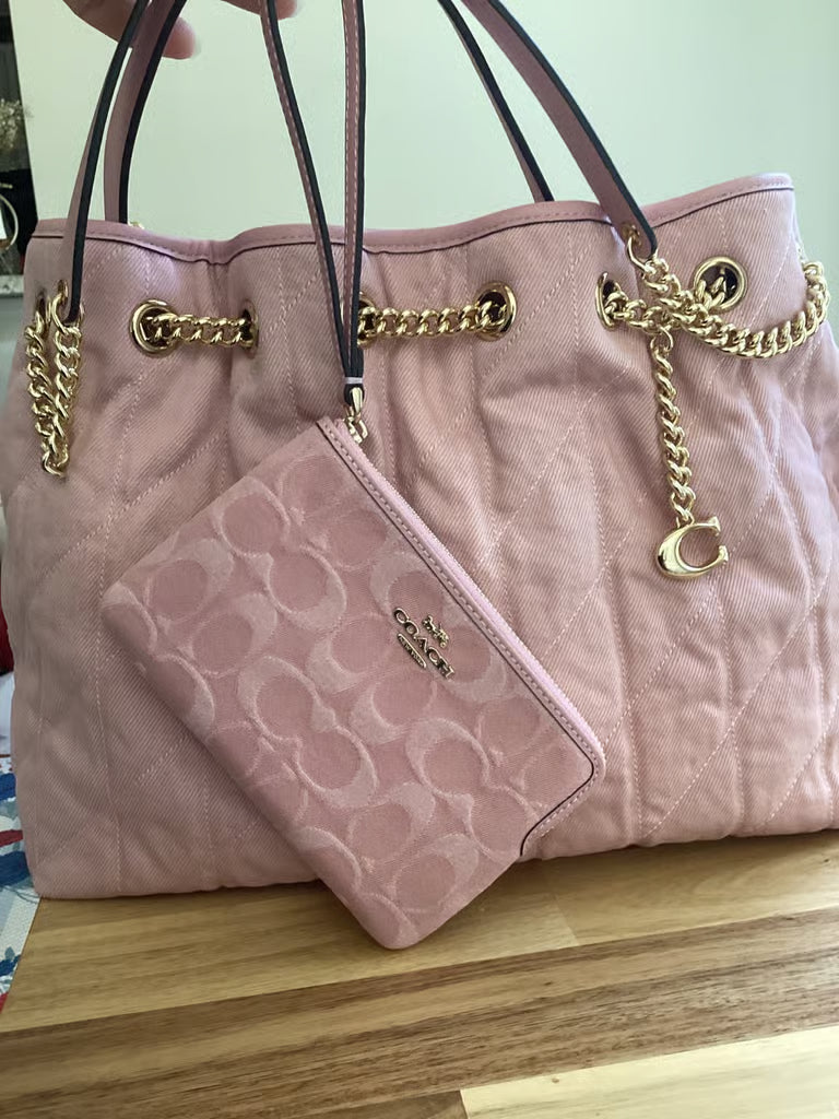 Coach Evelyn Shoulder Bag in Loved Denim with Quilting — Pink (Bundle with Wristlet)