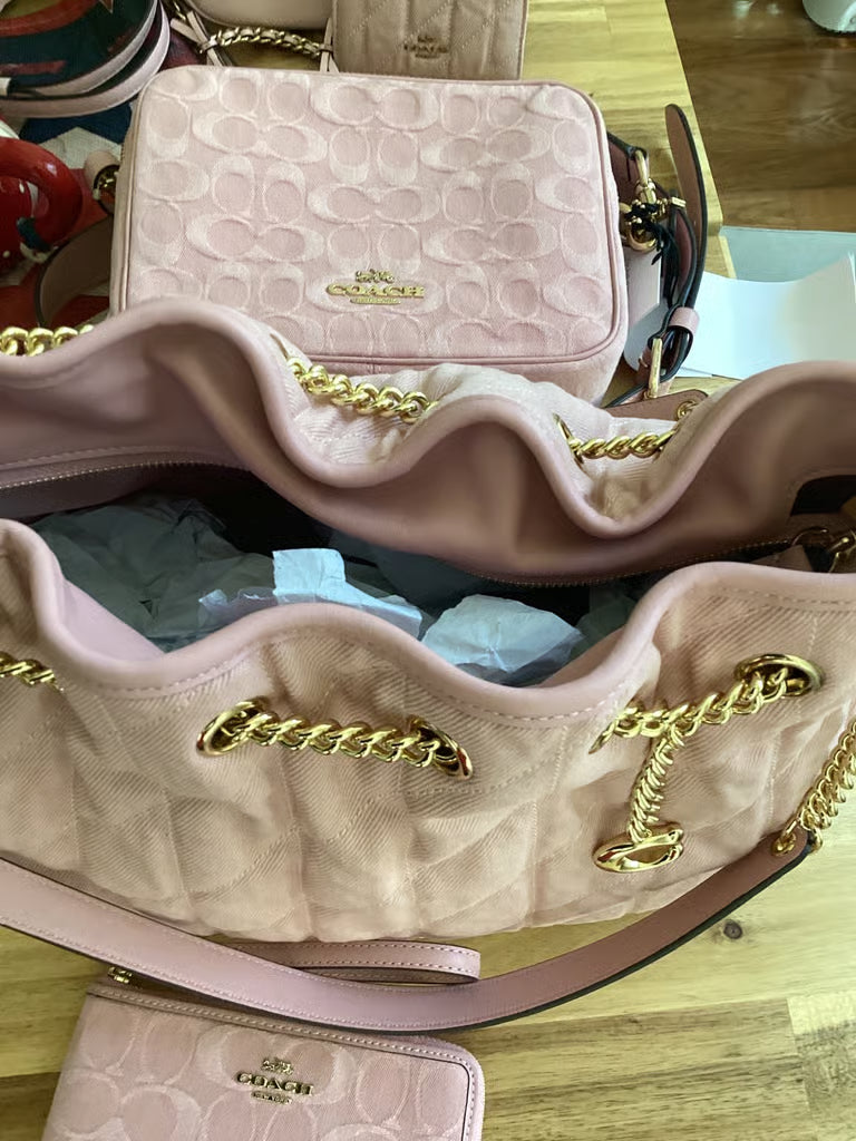 Coach Evelyn Shoulder Bag in Loved Denim with Quilting — Pink (Bundle with Wristlet)