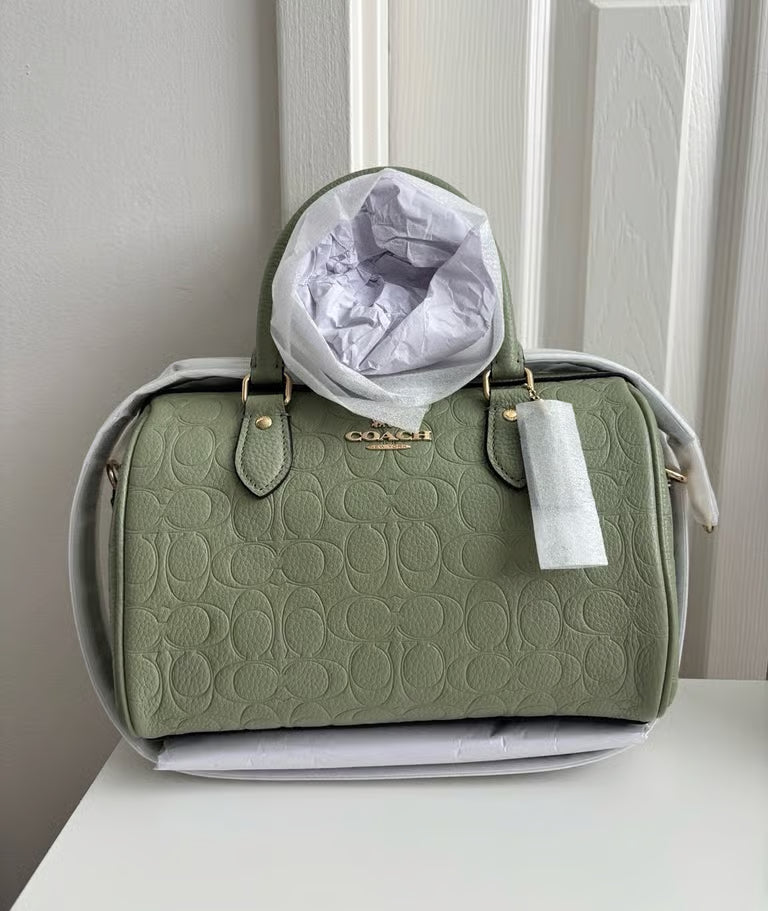 Coach Rowan Satchel Bag Crossbody in Signature Leather Gold/Pistachio