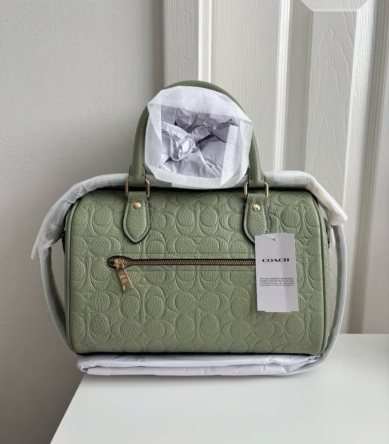 Coach Rowan Satchel Bag Crossbody in Signature Leather Gold/Pistachio