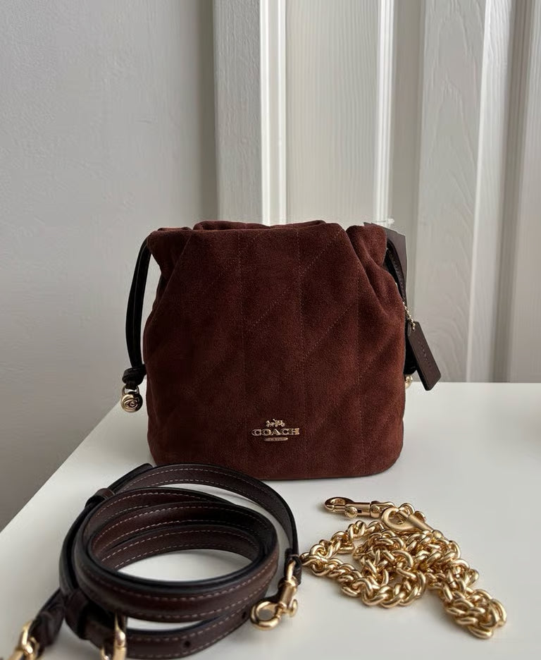 Coach Faye Mini Drawstring Bag with Quilting in Suede — Gold/Vintage Brown/Maple