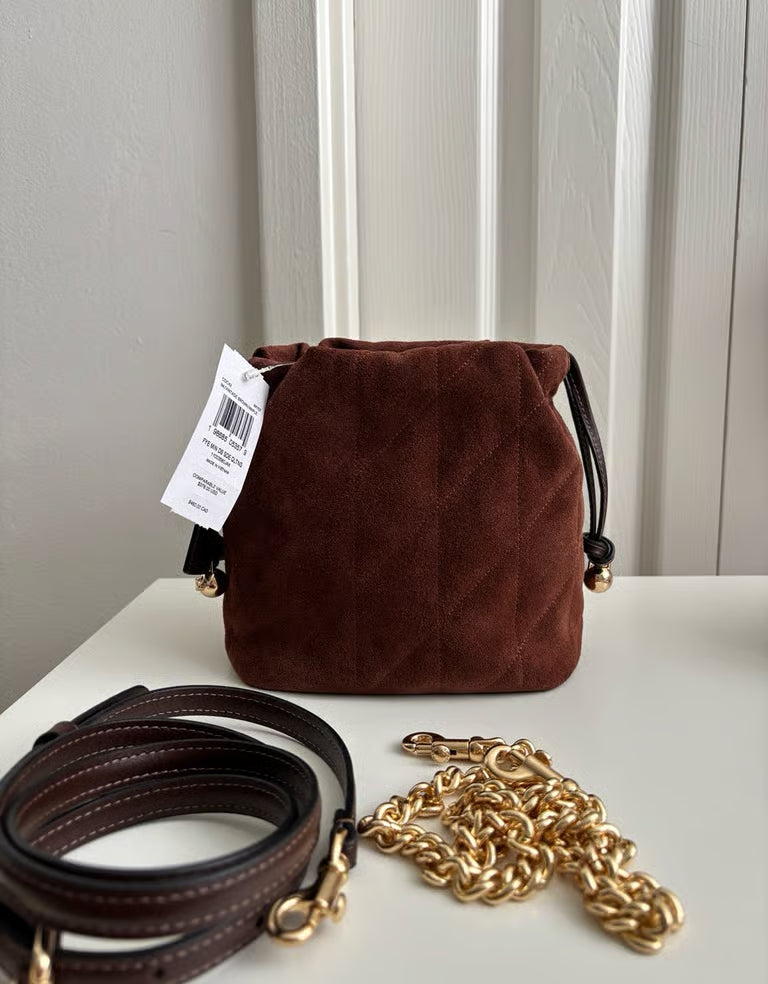 Coach Faye Mini Drawstring Bag with Quilting in Suede — Gold/Vintage Brown/Maple