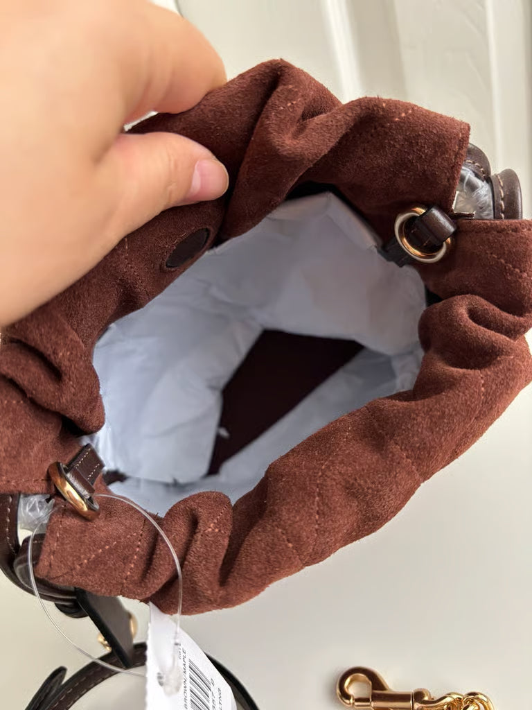Coach Faye Mini Drawstring Bag with Quilting in Suede — Gold/Vintage Brown/Maple