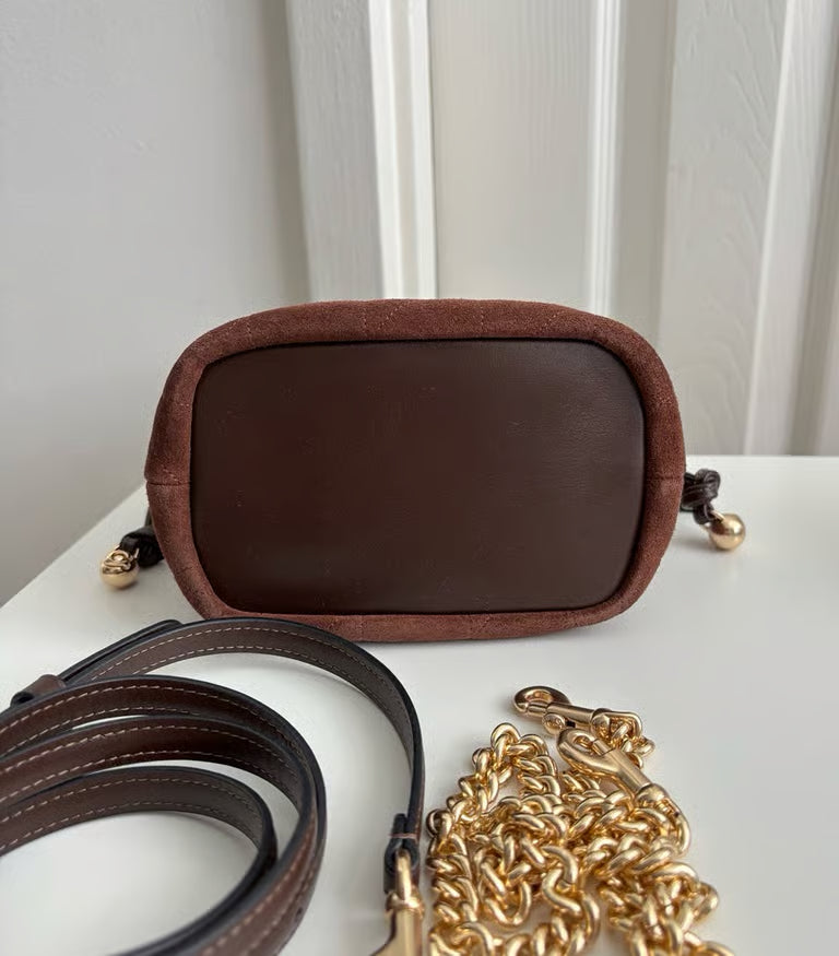Coach Faye Mini Drawstring Bag with Quilting in Suede — Gold/Vintage Brown/Maple