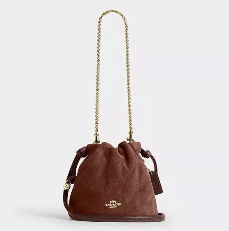 Coach Faye Mini Drawstring Bag with Quilting in Suede — Gold/Vintage Brown/Maple