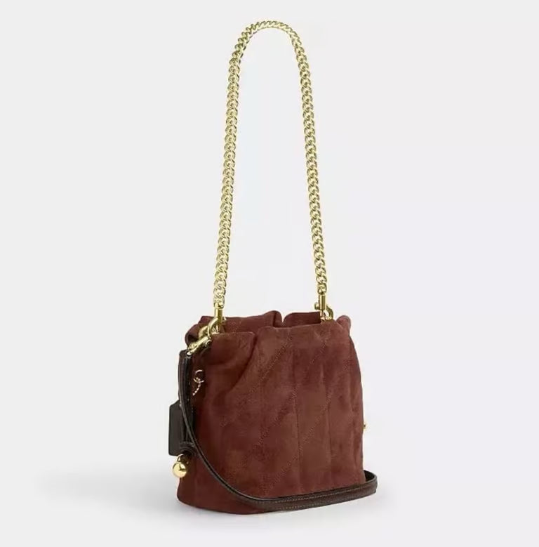 Coach Faye Mini Drawstring Bag with Quilting in Suede — Gold/Vintage Brown/Maple