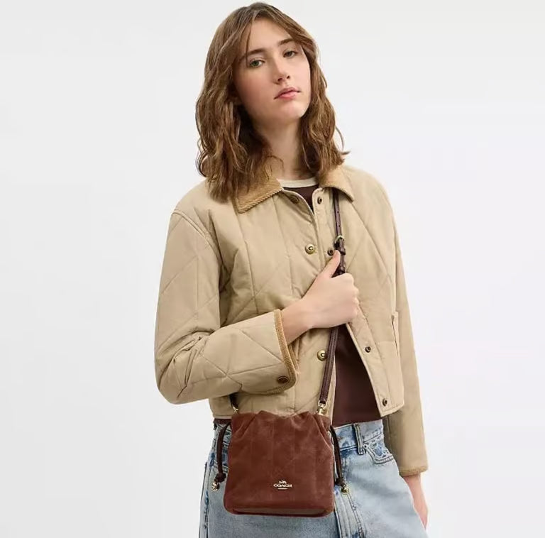 Coach Faye Mini Drawstring Bag with Quilting in Suede — Gold/Vintage Brown/Maple