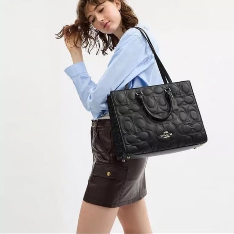 Coach Maggie Large Tote Bag in Signature Leather Black/Gold
