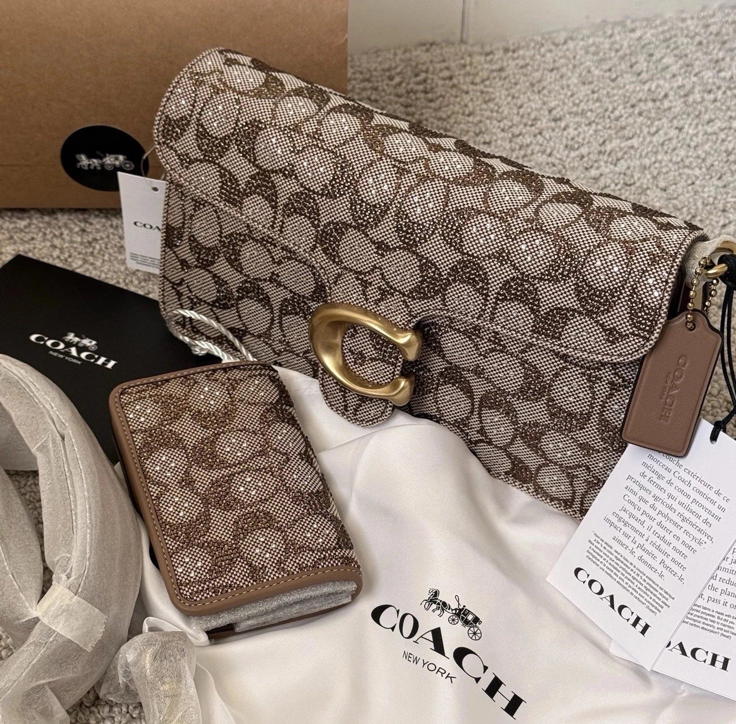 Coach Crystal Signature Jacquard Tabby 26 Shoulder Bag & Slim Card Case Set — Brass/Mushroom