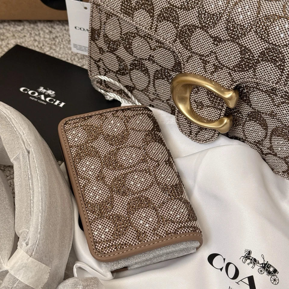 Coach Crystal Signature Jacquard Tabby 26 Shoulder Bag & Slim Card Case Set — Brass/Mushroom