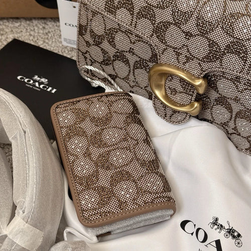 Crystal Signature Jacquard Tabby 26 Shoulder Bag & Slim Card Case Set — Brass/Mushroom