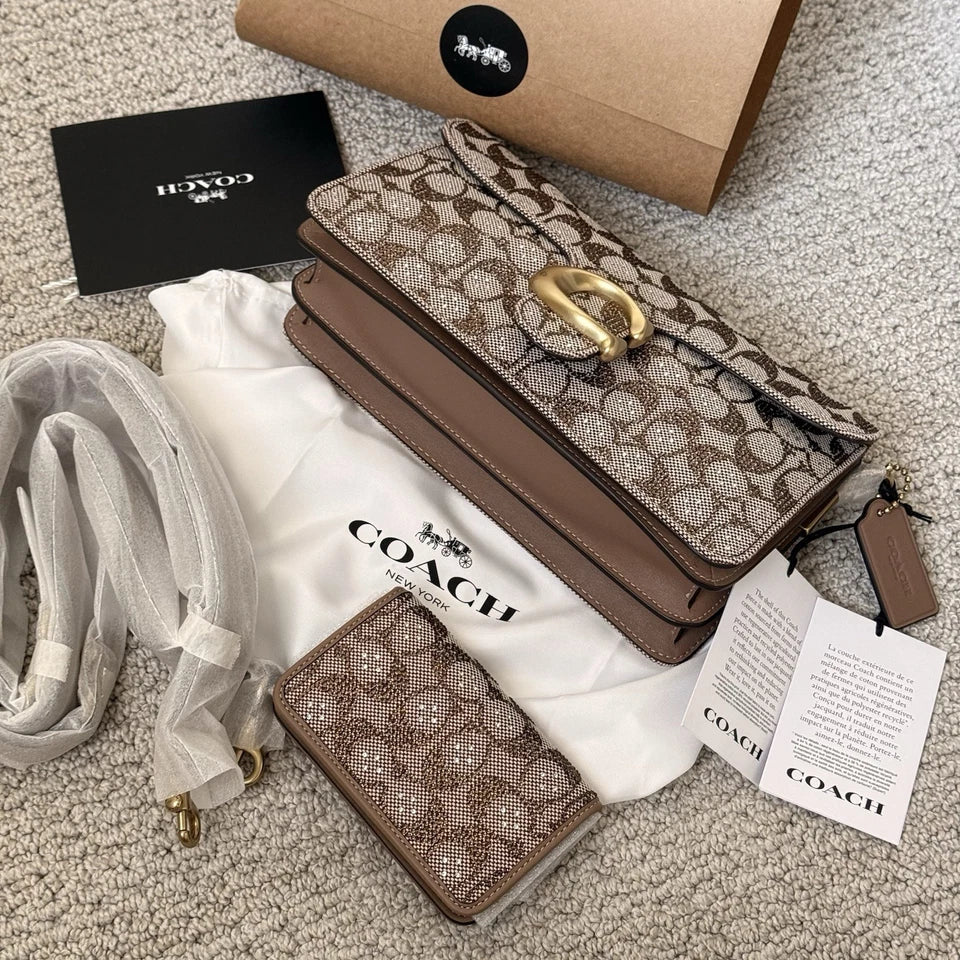 Coach Crystal Signature Jacquard Tabby 26 Shoulder Bag & Slim Card Case Set — Brass/Mushroom