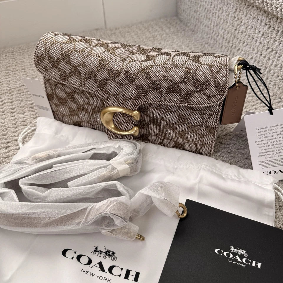 Coach Crystal Signature Jacquard Tabby 26 Shoulder Bag & Slim Card Case Set — Brass/Mushroom