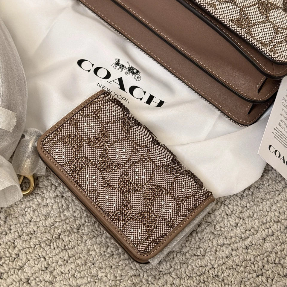 Coach Crystal Signature Jacquard Tabby 26 Shoulder Bag & Slim Card Case Set — Brass/Mushroom