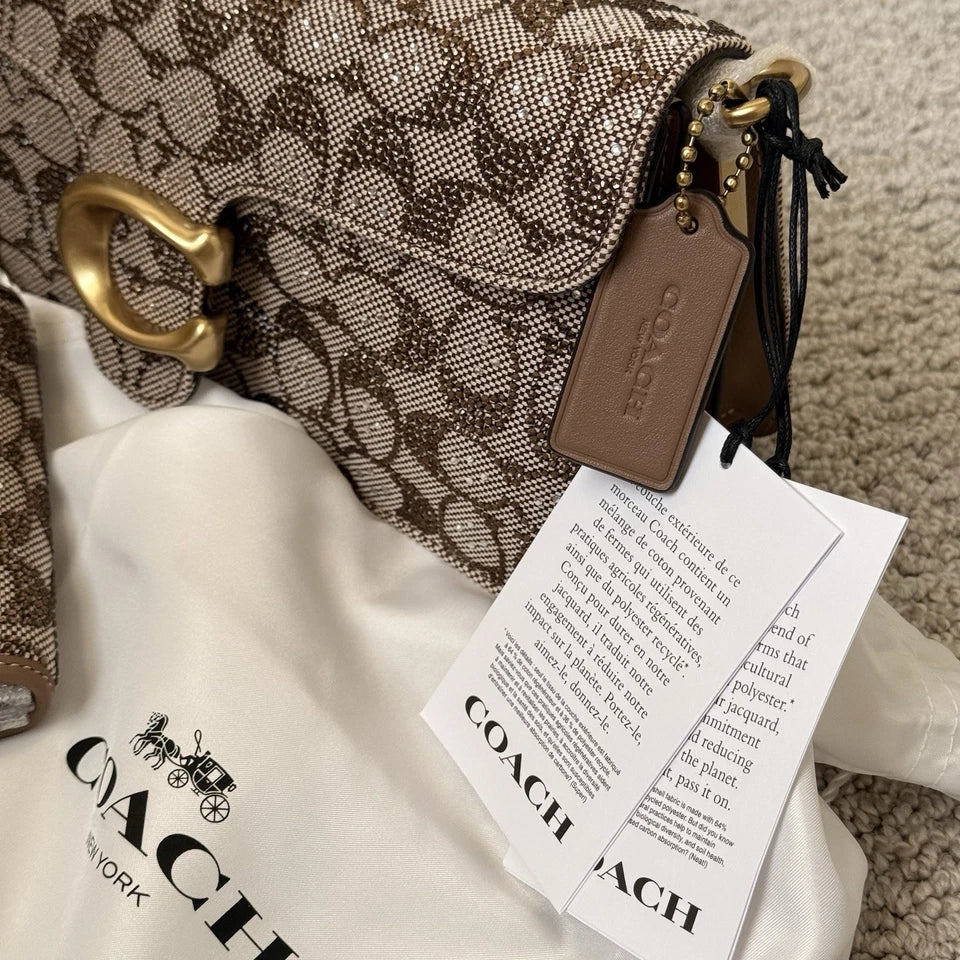 Coach Crystal Signature Jacquard Tabby 26 Shoulder Bag & Slim Card Case Set — Brass/Mushroom
