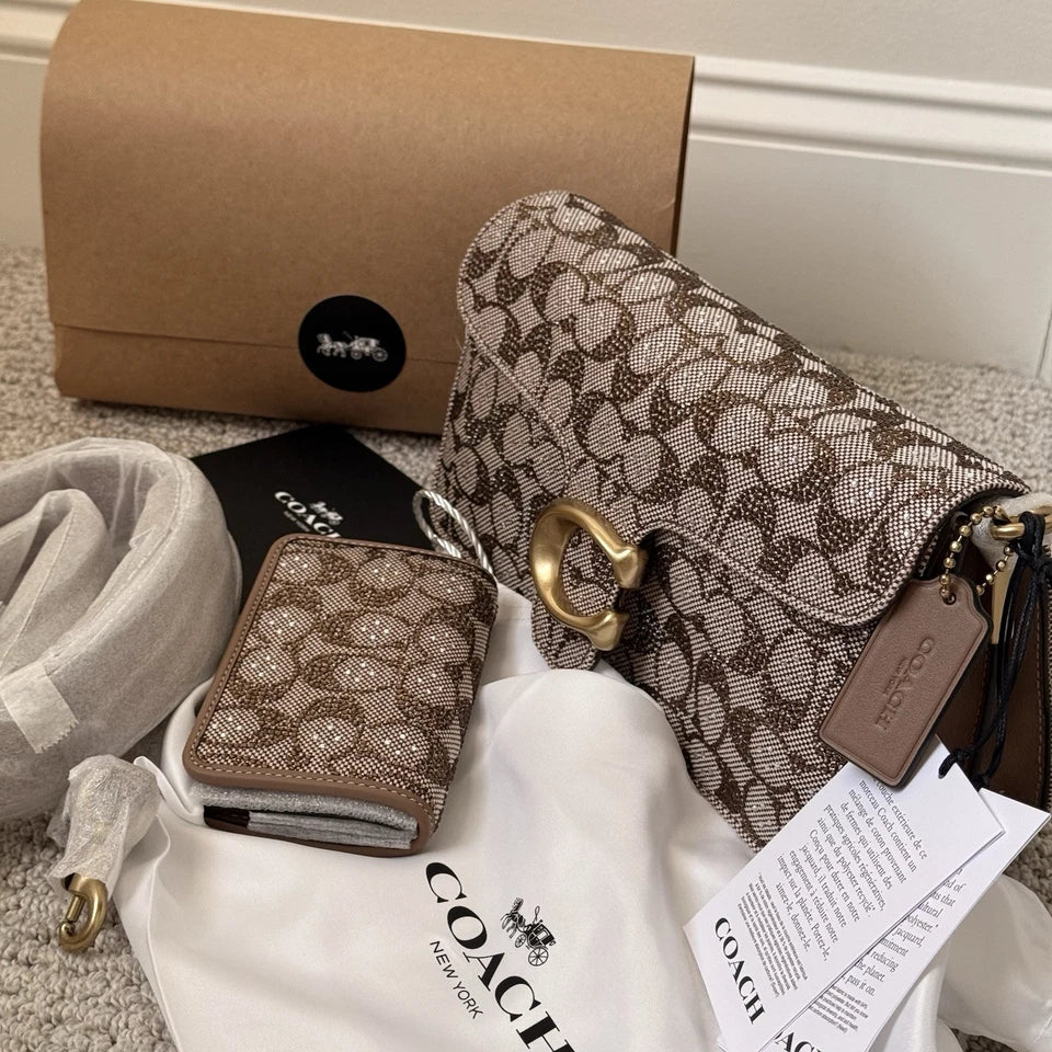 Coach Crystal Signature Jacquard Tabby 26 Shoulder Bag & Slim Card Case Set — Brass/Mushroom