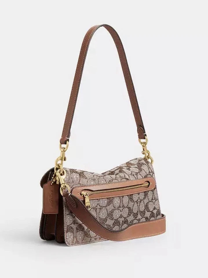 Coach Crystal Signature Jacquard Tabby 26 Shoulder Bag & Slim Card Case Set — Brass/Mushroom